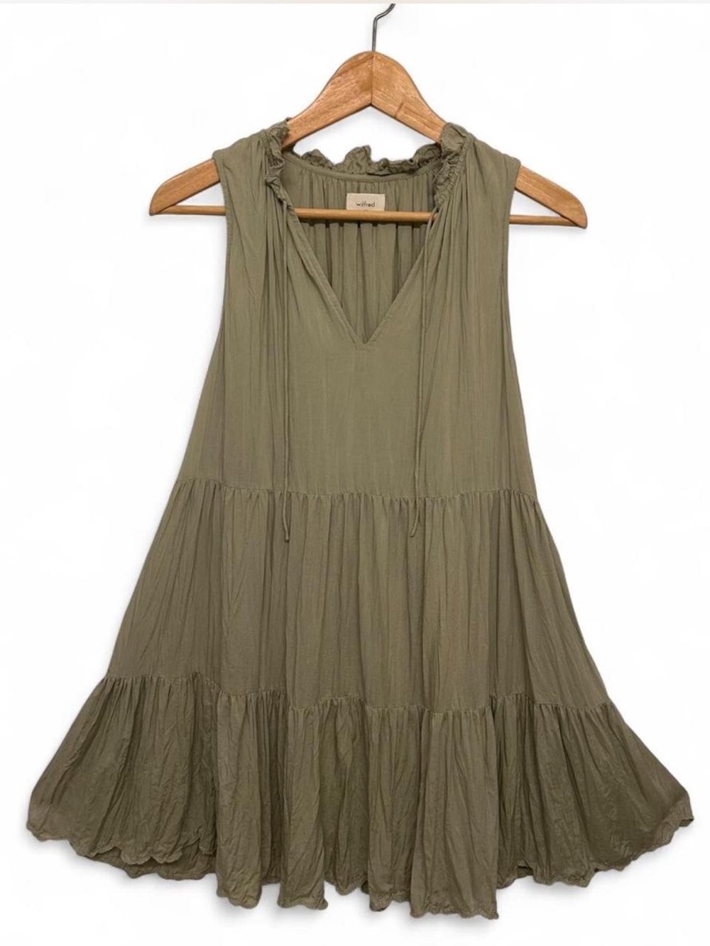 Aritzia Wilfred Sidonie Tiered Babydoll Mini Dress Silver Sage Green Size XS EUC